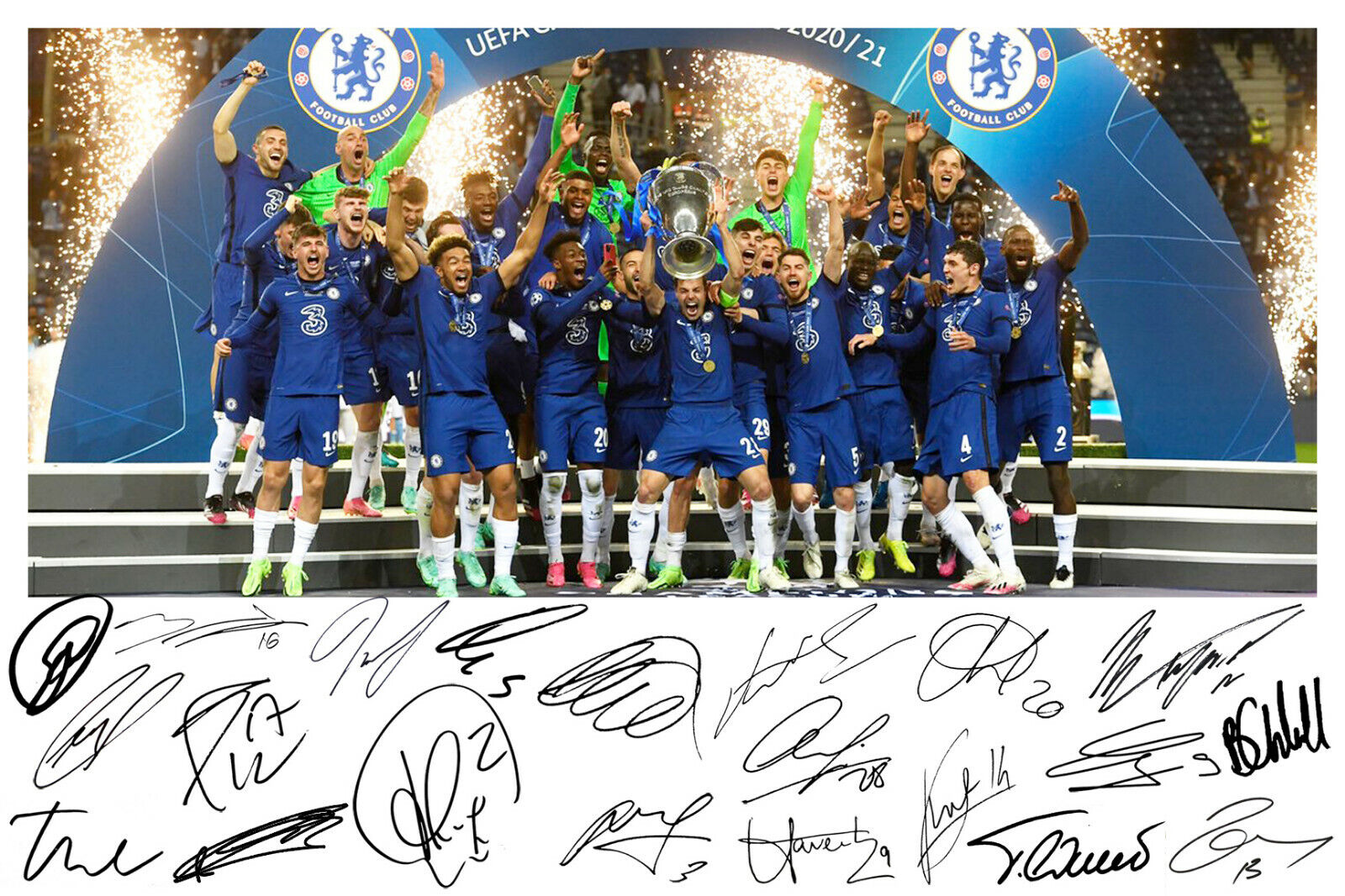 Chelsea FC Signed Champions League Squad Team 2021 Kai Havertz A4 Photo Poster painting Print