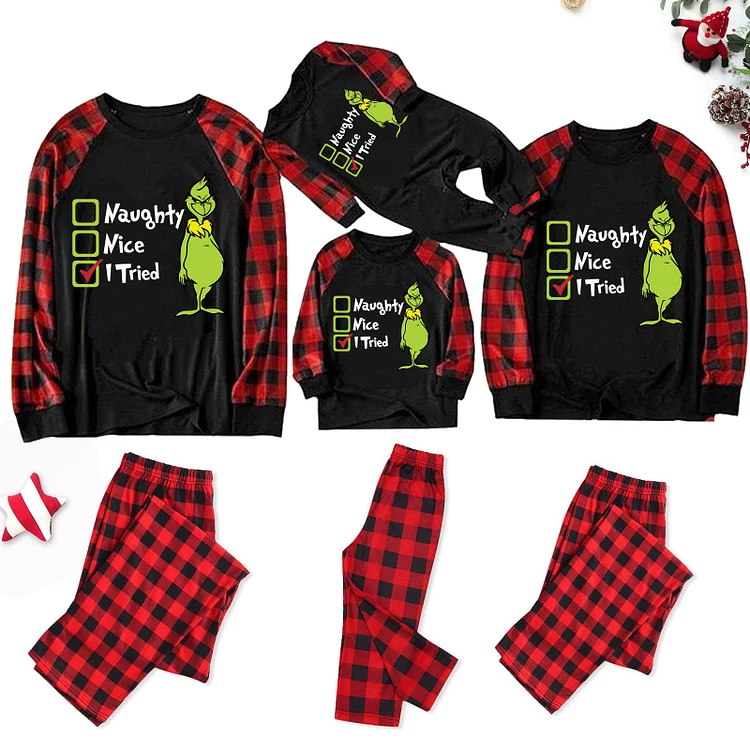 'I Tried' Christmas Grinch Red Plaid Pajamas Set For Family