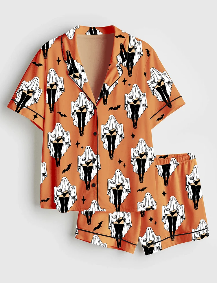 Women&rsquo;s Halloween Sheet Ghost Retro Halloween Girl Short Sleeve Satin Pajama Set