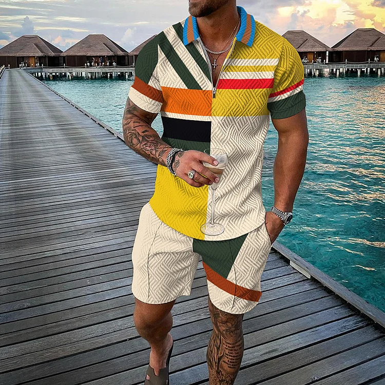 BrosWear Striped Square Color Matching Short Sleeve Polo Shirt And Shorts Co-Ord