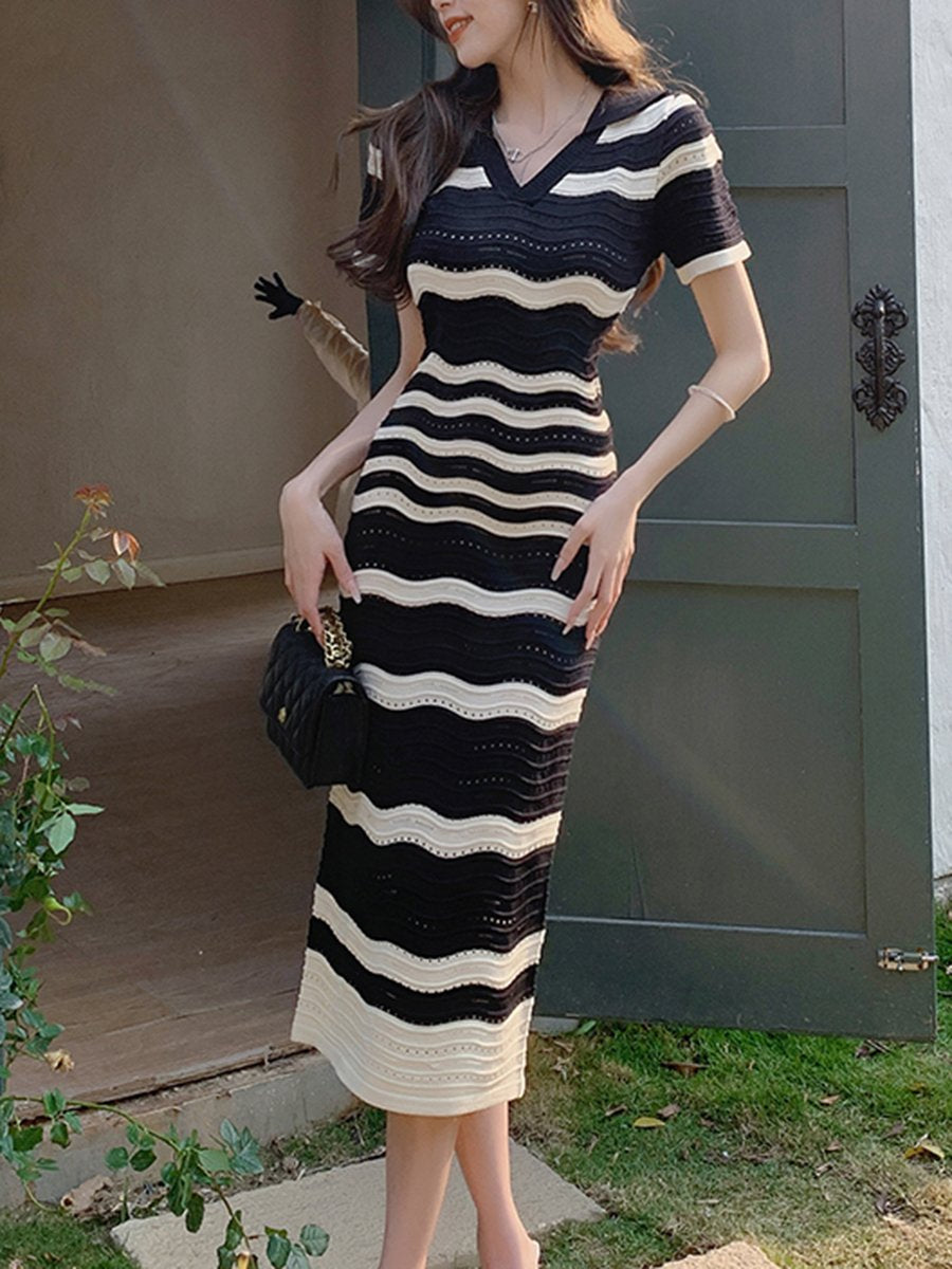 V Neck Short Sleeve Striped  Midi Dress