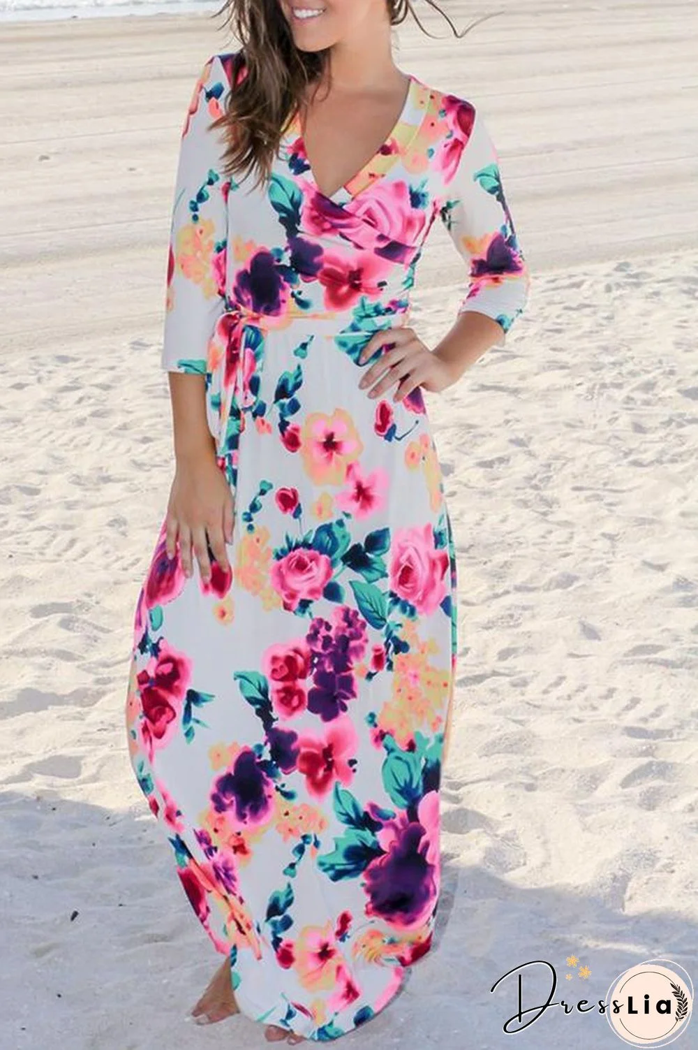 Mixed Color Flower Printed V Neck Maxi Dress