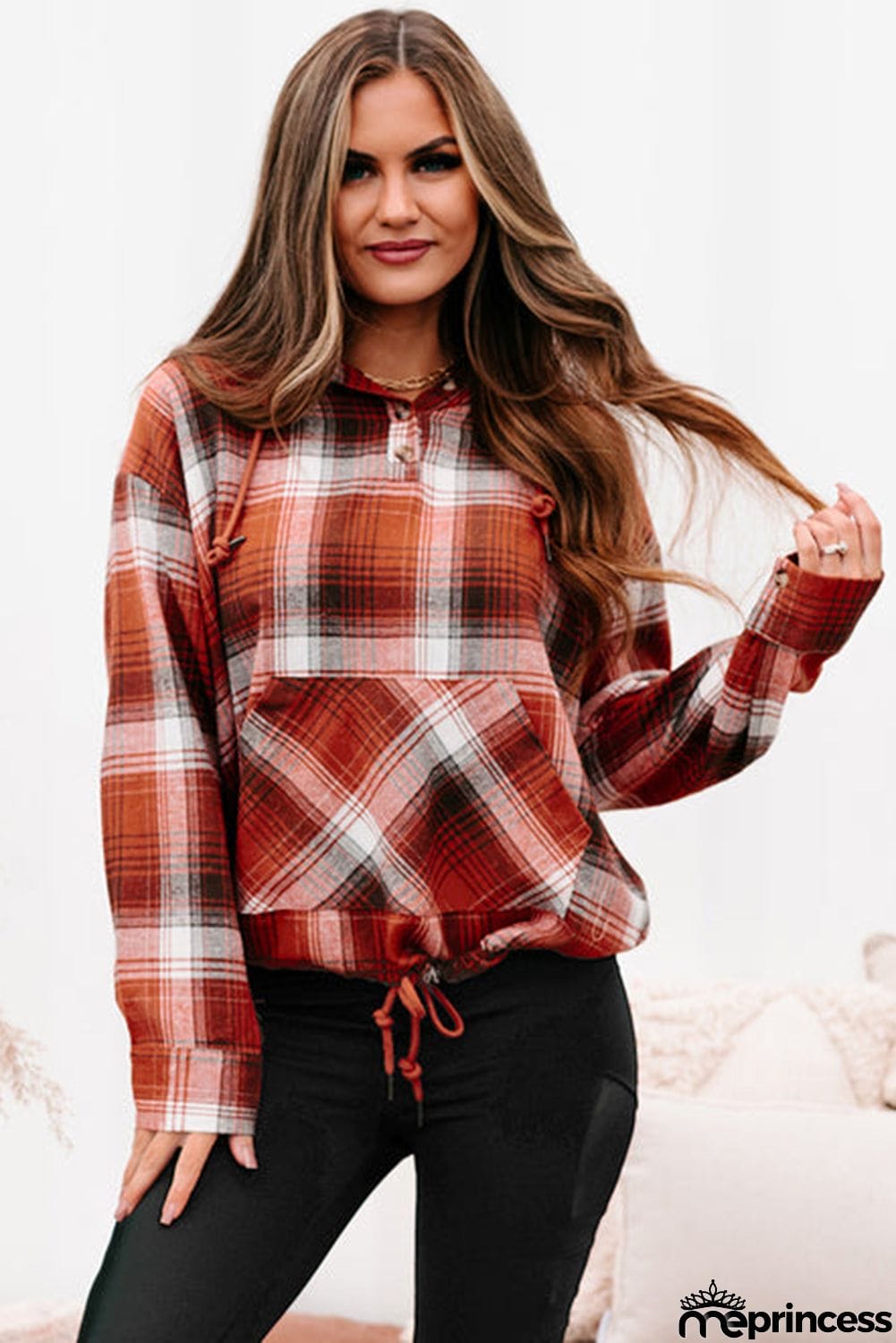 Plaid Print Pocketed Hoodie