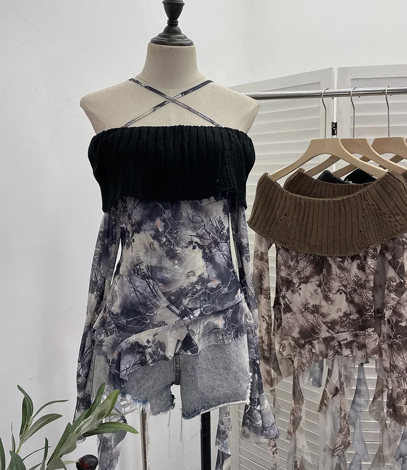 Churchf Real Shot Shoulder Cross Hanging Neck Knitting Mesh Yarn Coat Irregular Ribbon Horn Long-Sleeved T-Shirt 1101