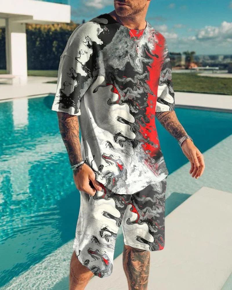 Men's Casual Abstract Printed Shorts Suit