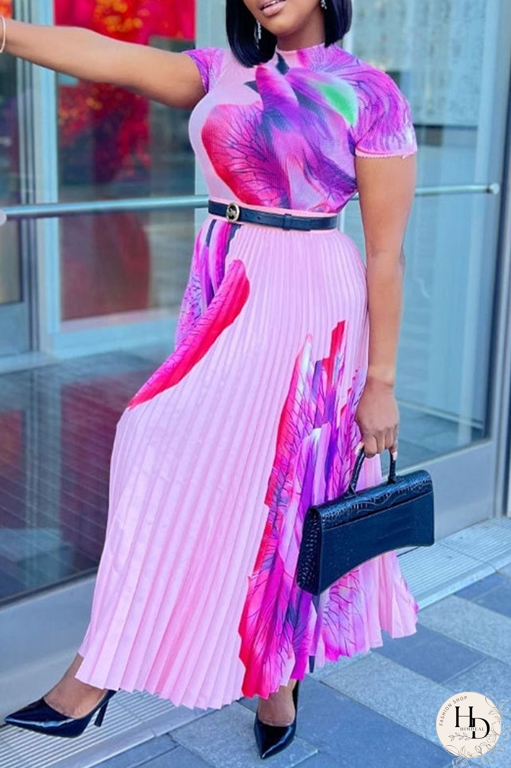 Purple Casual Print Patchwork O Neck Straight Dresses