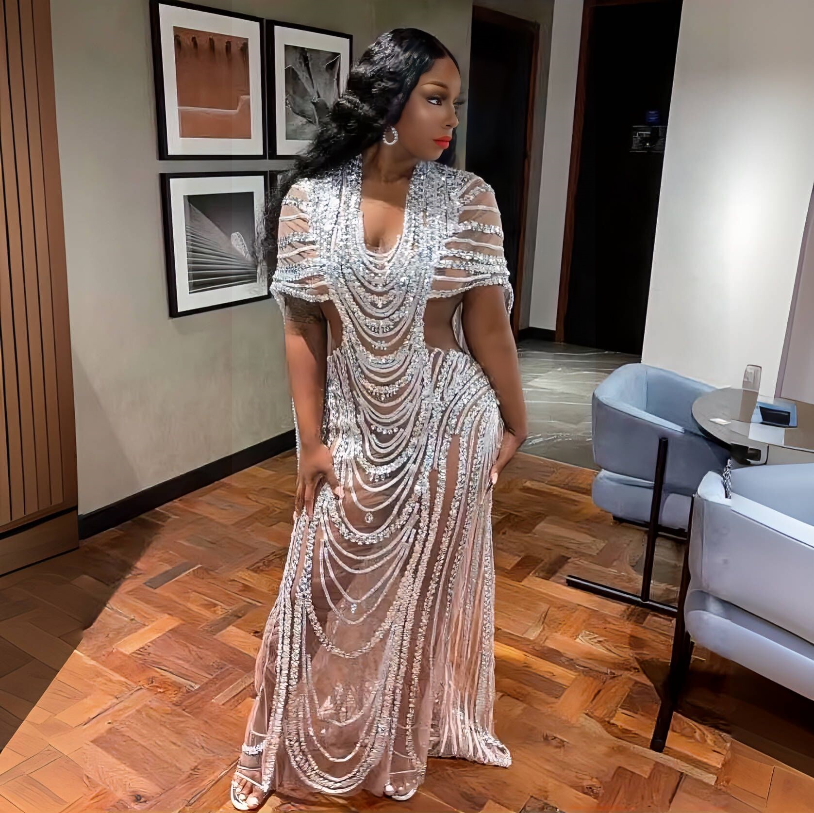 GOOSHOE Silver Color Golden Color Sequins Transparent Dress Outfit