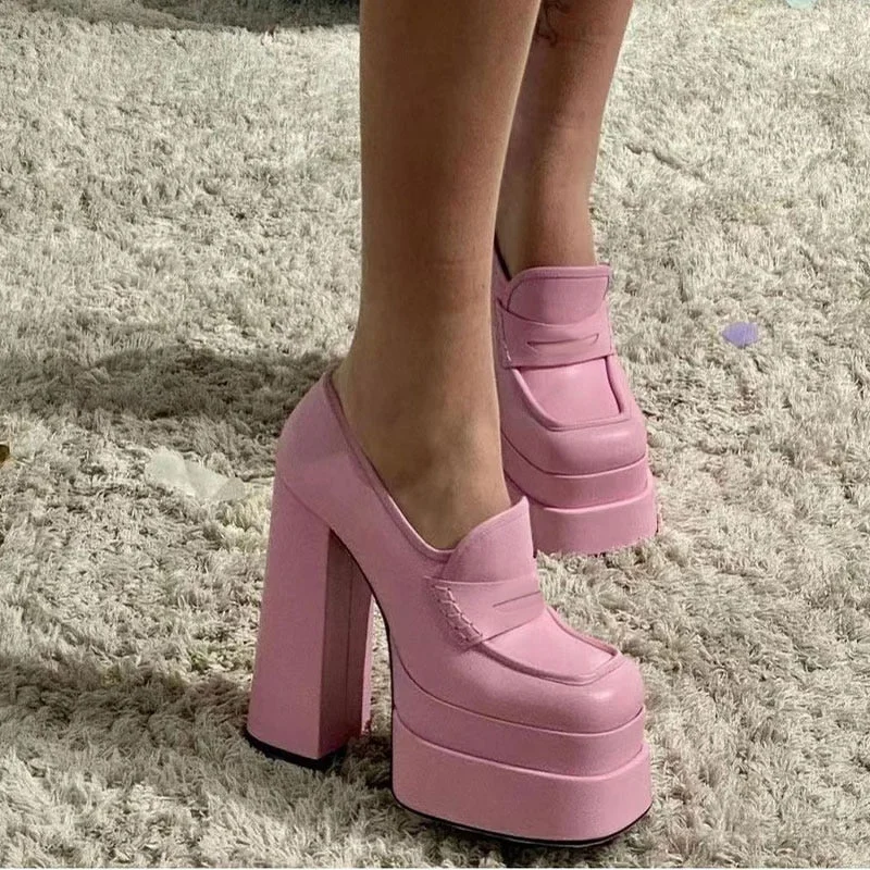 2022 Women's Super High Heels Pumps Female Fashion Platform Loafer Shoes Elegant Square Toe Ladies Party Dress Shoes Sexy Spring