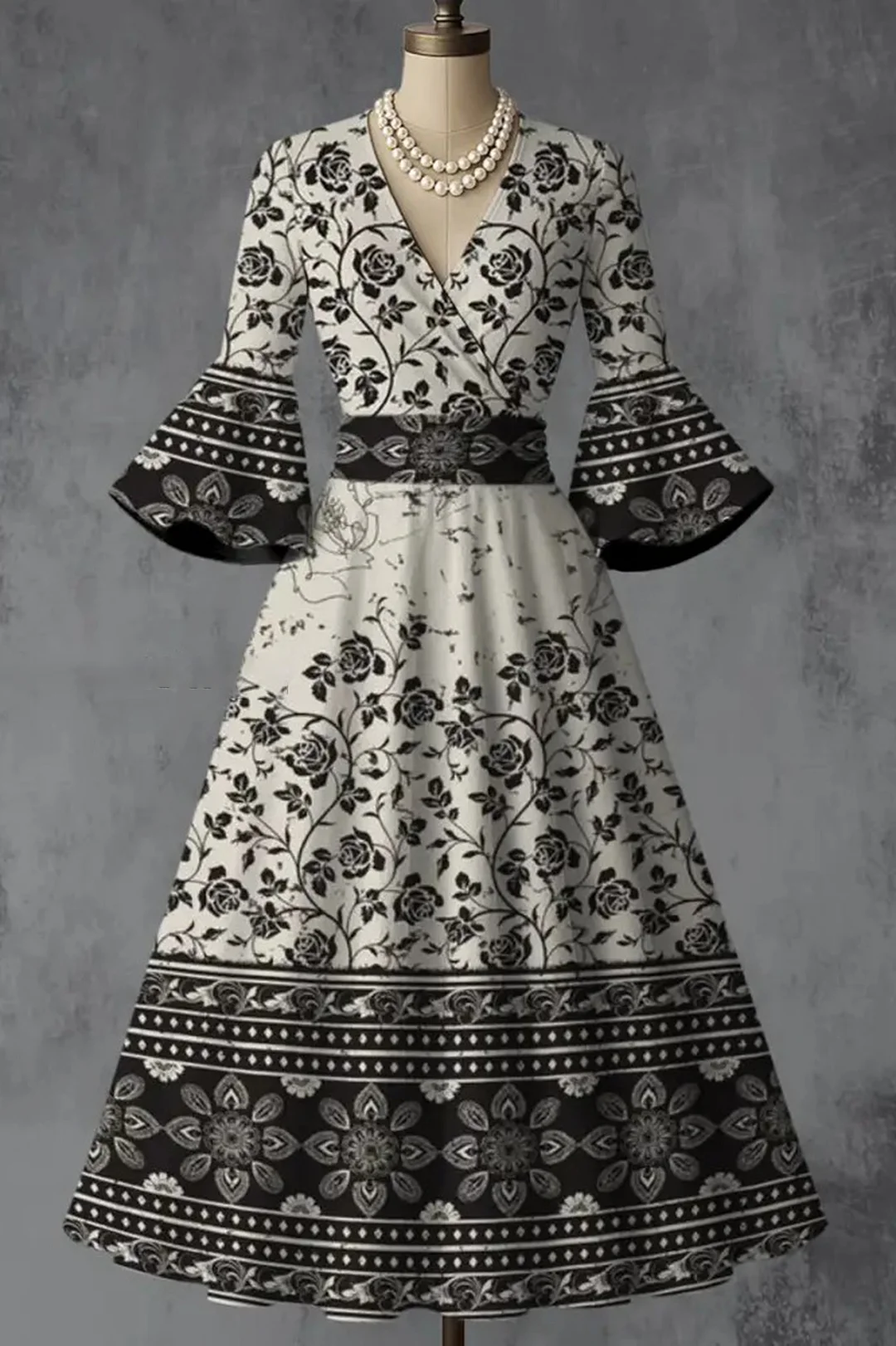 Retro Floral Art Print V-Neck Flare Sleeve Vintage Elegant Dress