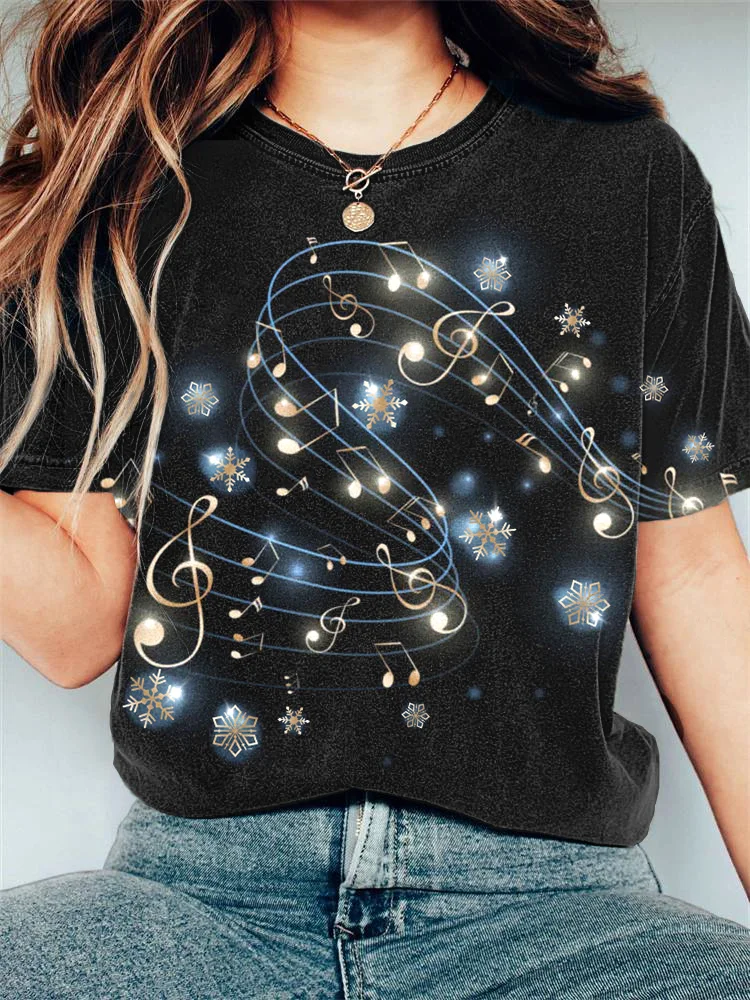 Wearshes Christmas Snowflake Music Lover Casual Vintage T-Shirt