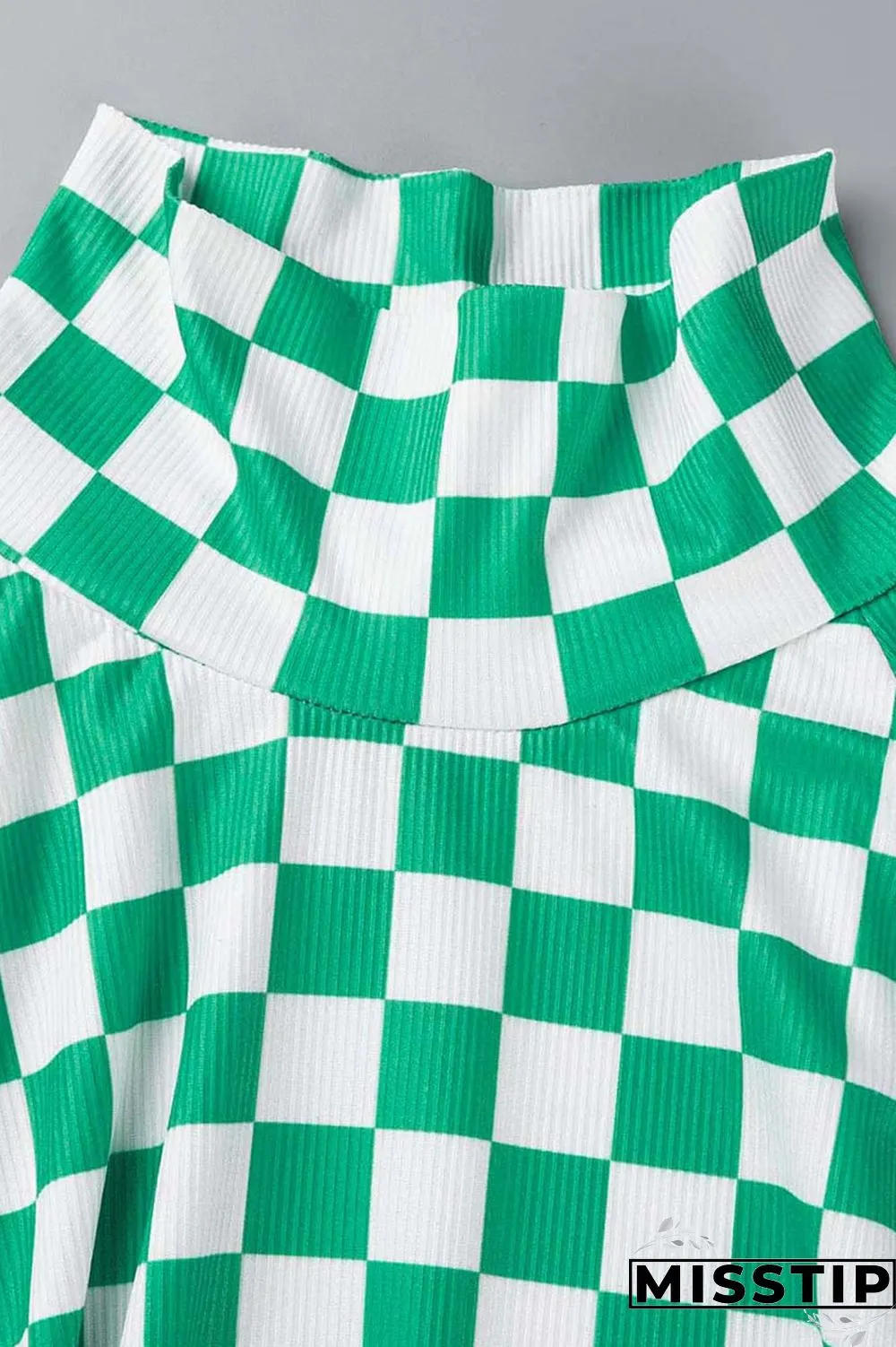 Green Casual Plaid Print Basic Half A Turtleneck Short Sleeve Two Pieces