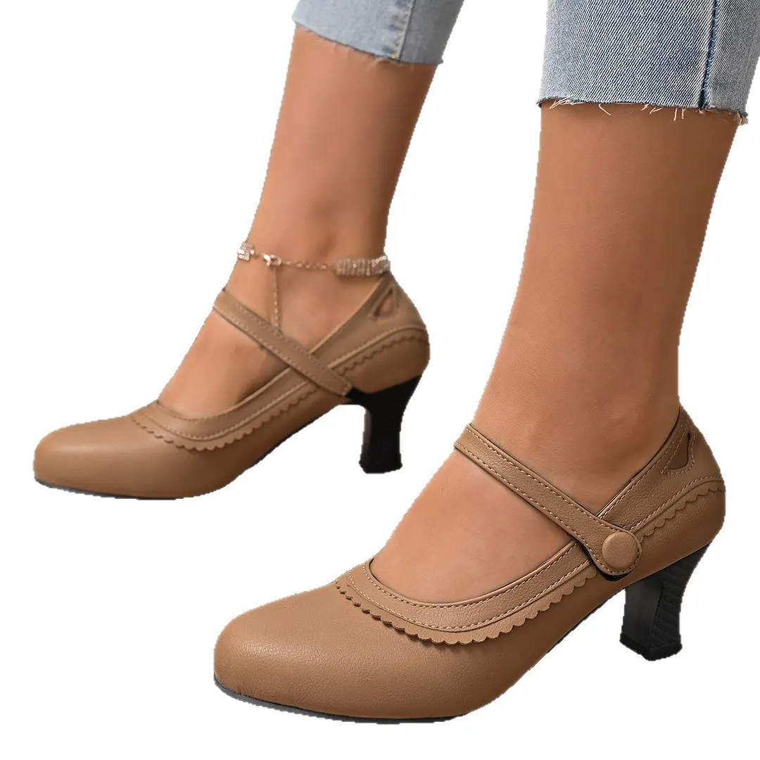 Breakj Breakj New Ladies Retro Mary Jane High Heels Large-Size Coarse Lace Round Head High Heel Single Shoes