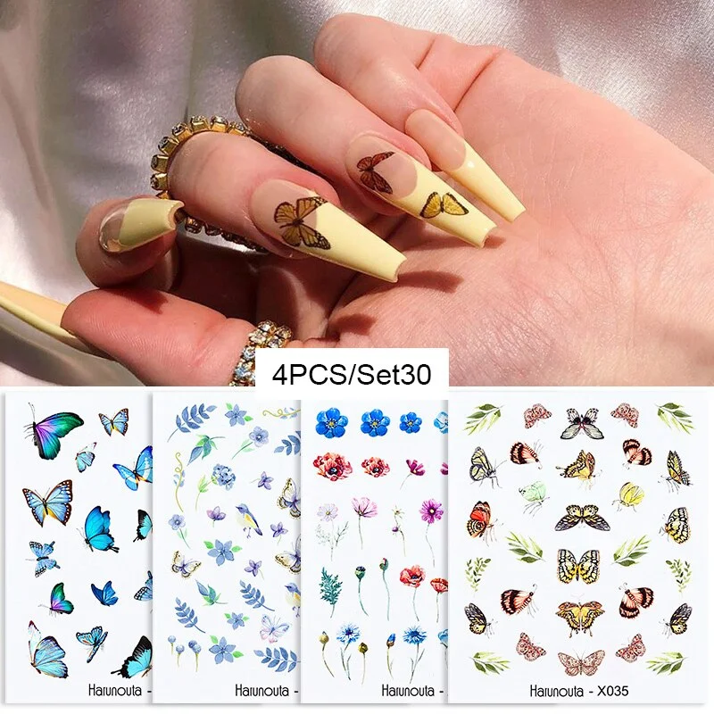 Harunouta 4Pcs Colorful Wave Leaf Flowers Water Decals Stickers Fruit Snake Designs Manicure Nail Art Decorations For Summer