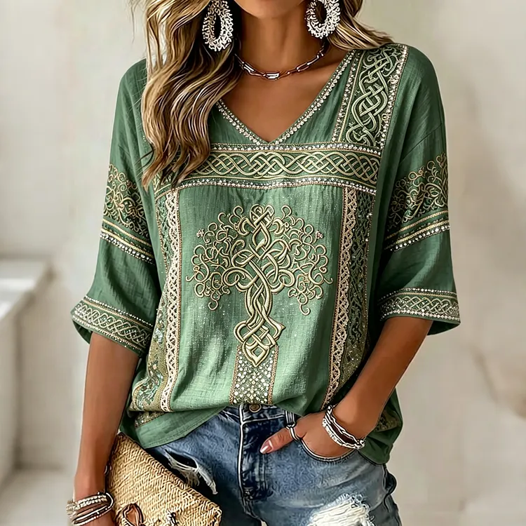 Women's Vintage Viking Tree Of Life Art Print Flowy Linen Blend  Mid-length Sleeve Linen Tops