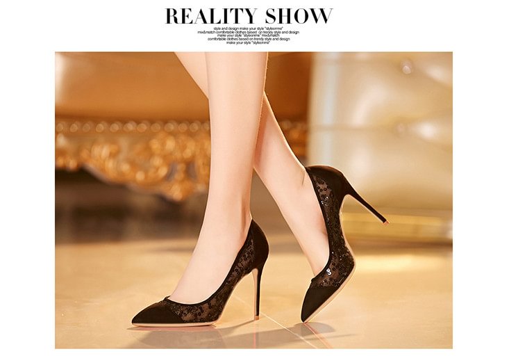 Black Lace Heels Pointy Toe Stilettos Pumps for Women |FSJ Shoes