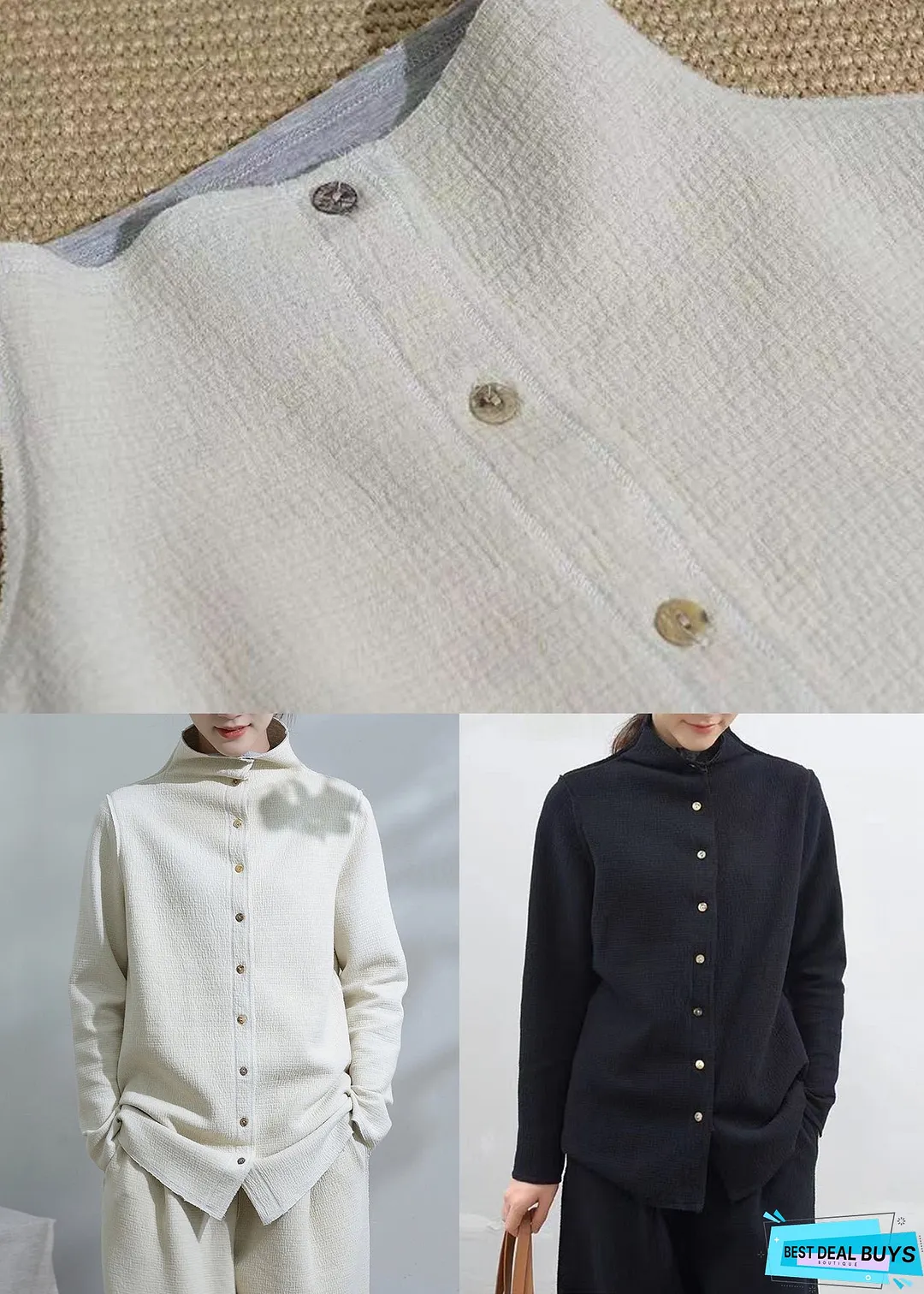 Unique White Stand Collar Button Patchwork Cotton Coats Fall