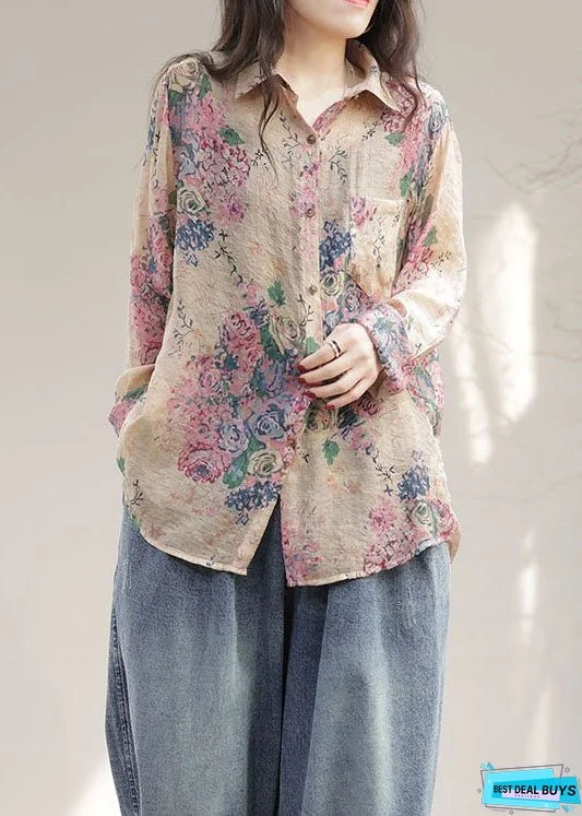 Modern Pink Peter Pan Collar Print Patchwork Linen Tops