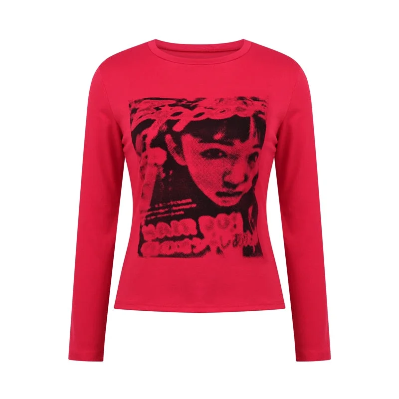 Xingqing Gothic Portrait Print T-shirt Aesthetic Short Sleevle Sweats Tees Harajuku Streetwear White Crop Top Women Clothes