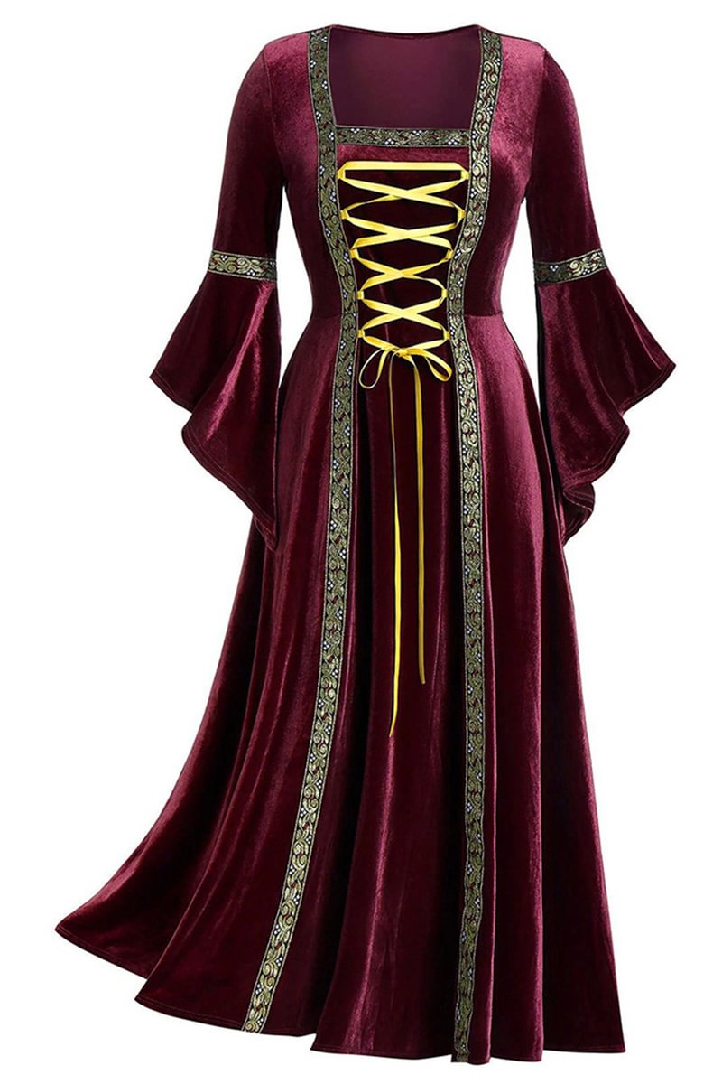 Medieval Wine Red Punk Gold Velvet Party  Gown Maxi Dress