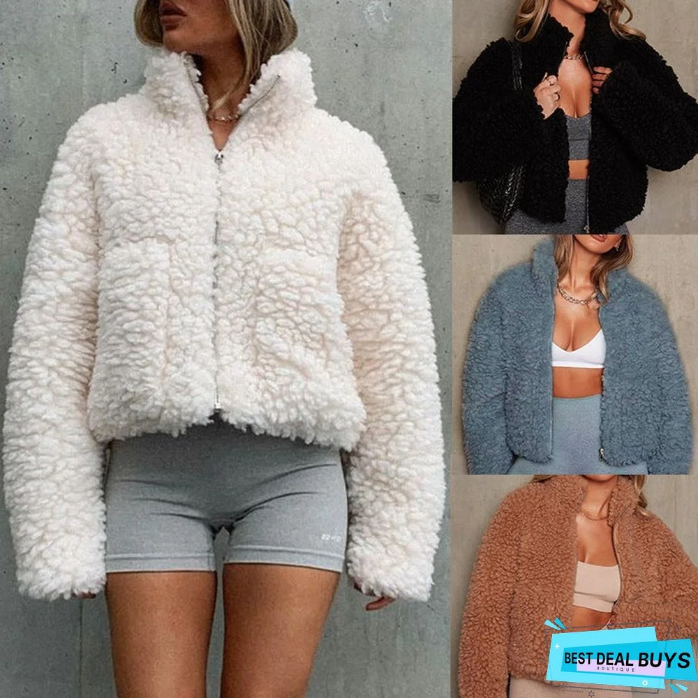 Plush Cardigan Short Jacket Lambswool Coat Woman