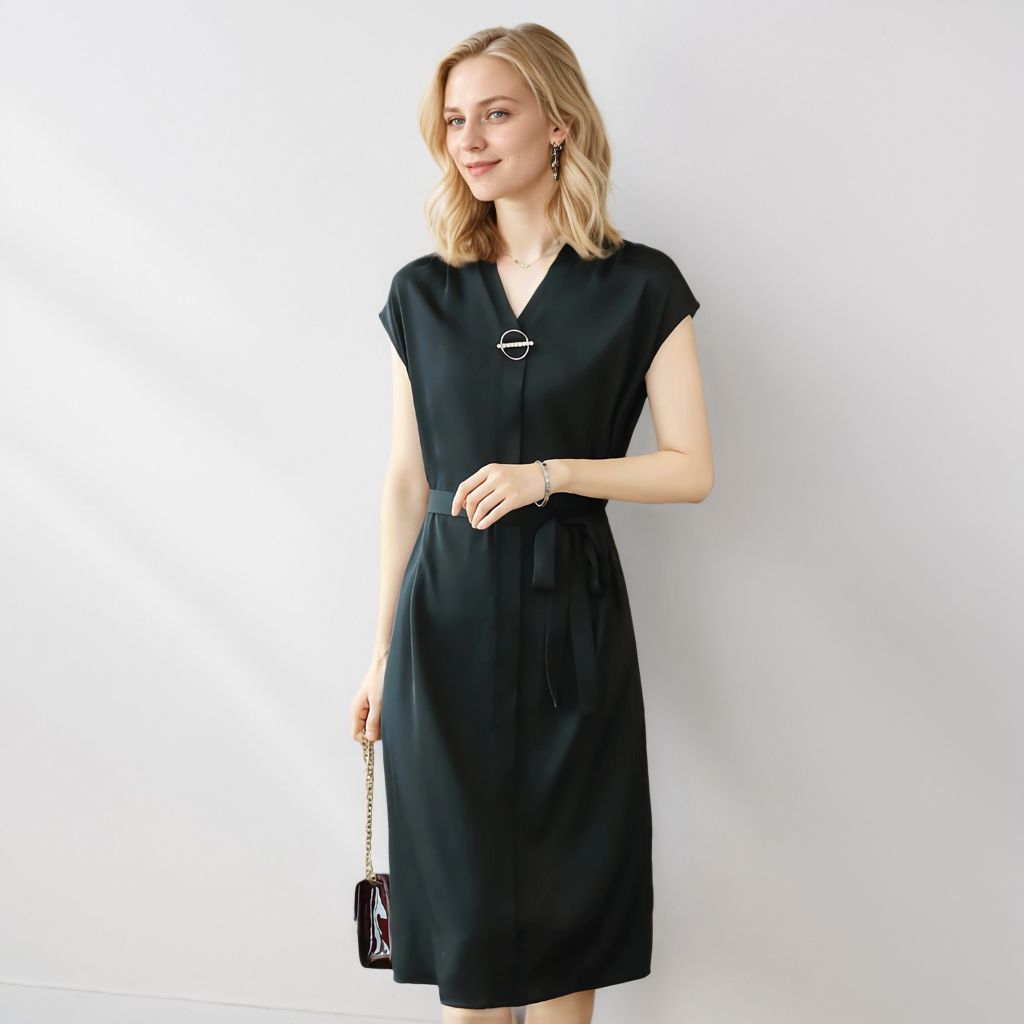 Silk Midi Dress With Belt For Office Lady REAL SILK LIFE