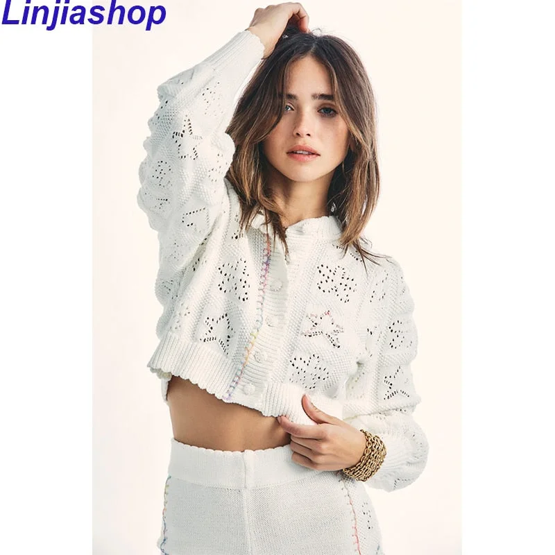 Women Cropped Embroider Knit Cardigan Long Sleeve Vintage Autumn Sweater Female Button Up Casual Knitted Top