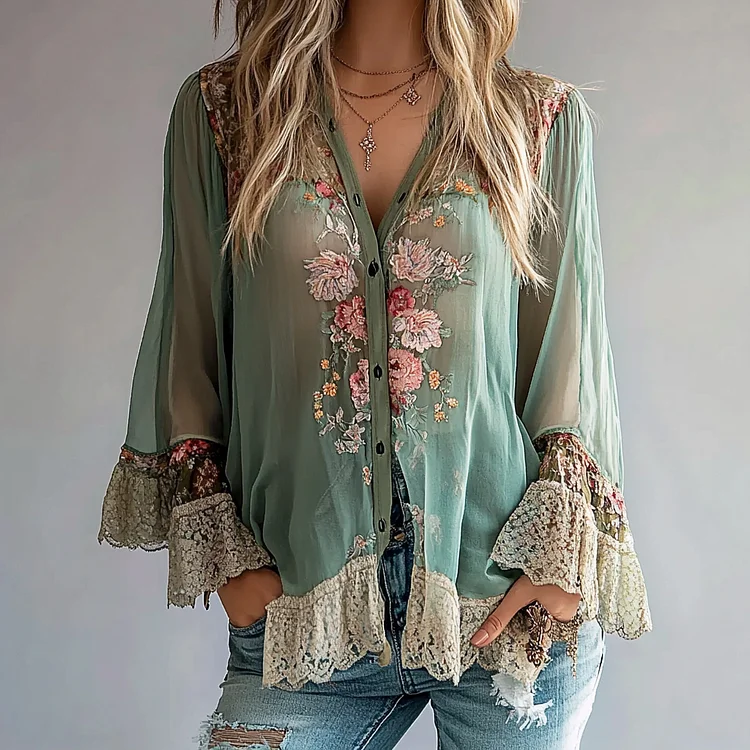 Ursime Boho Floral Pattern Button Flare Sleeve Lace Hem Blouse
