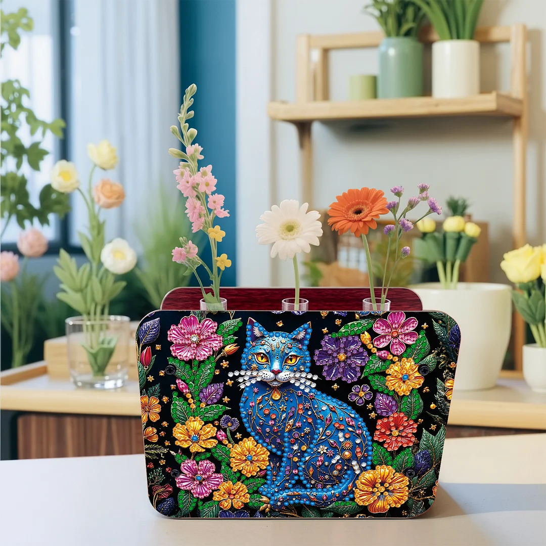 Cat DIY Flower Vase Wooden Double Sided Desktop Diamond Art Kit for Home Decor