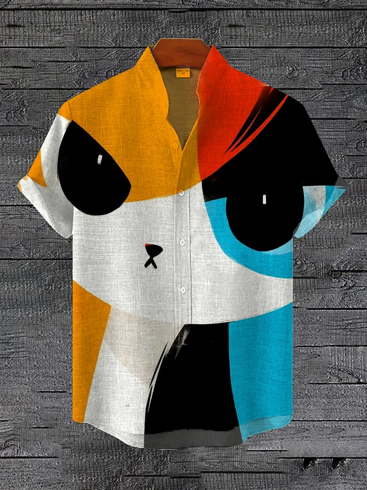 Men's Colorblock Cat Art Print Casual Short Sleeve Shirt