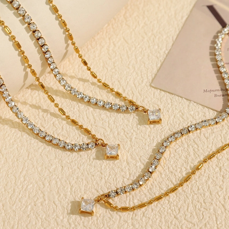 Luxurious French Style Cool Style Asymmetrical 304 Stainless Steel Zircon 18K Gold Plated Polishing Plating Inlay Necklace