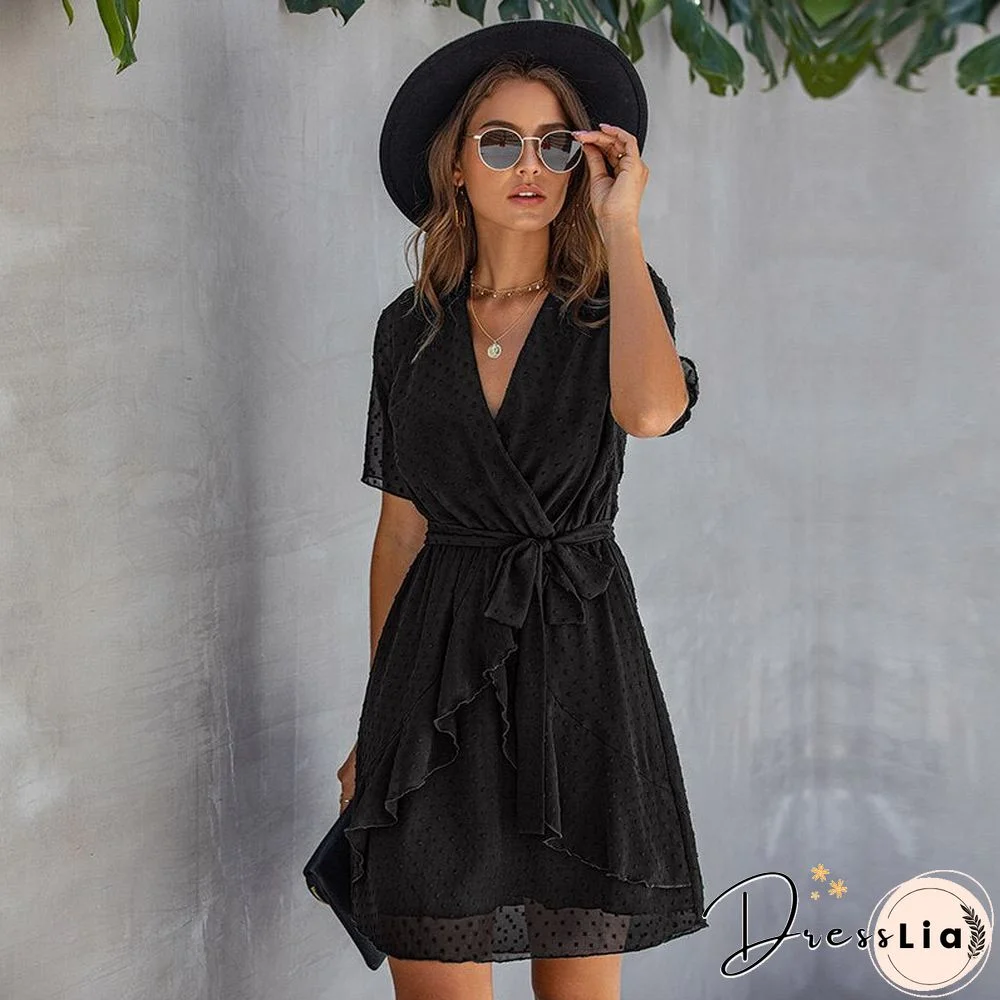 New Elegant Ladies Ruffles Summer Solid Lace Up Dress Women Casual High Waist V Neck A-Line Short Dress