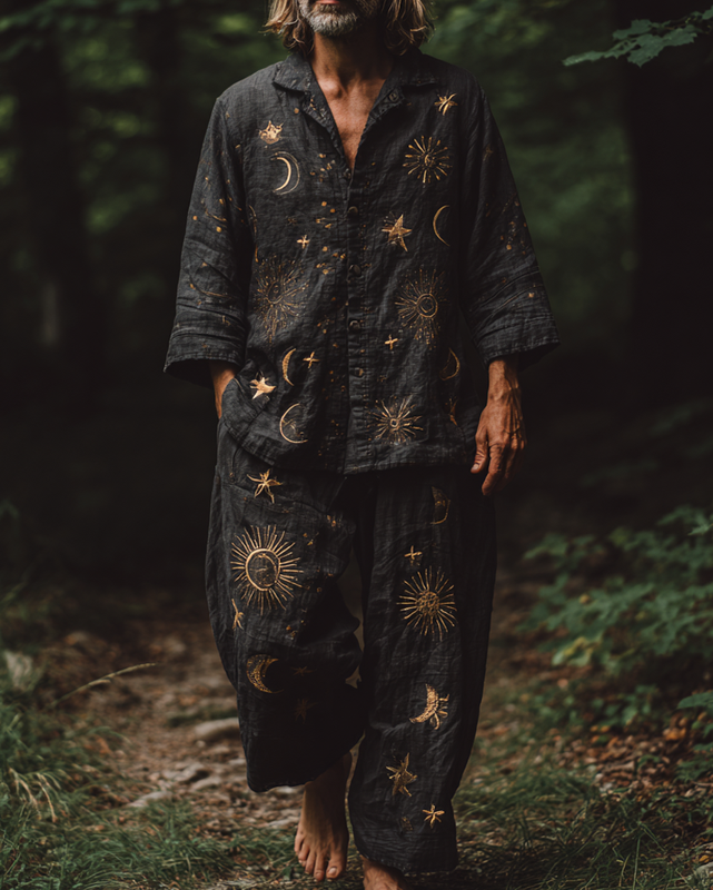 Men's summer vacation leisure star and moon 3D embroidered linen top and casual pants two-piece set  ec99