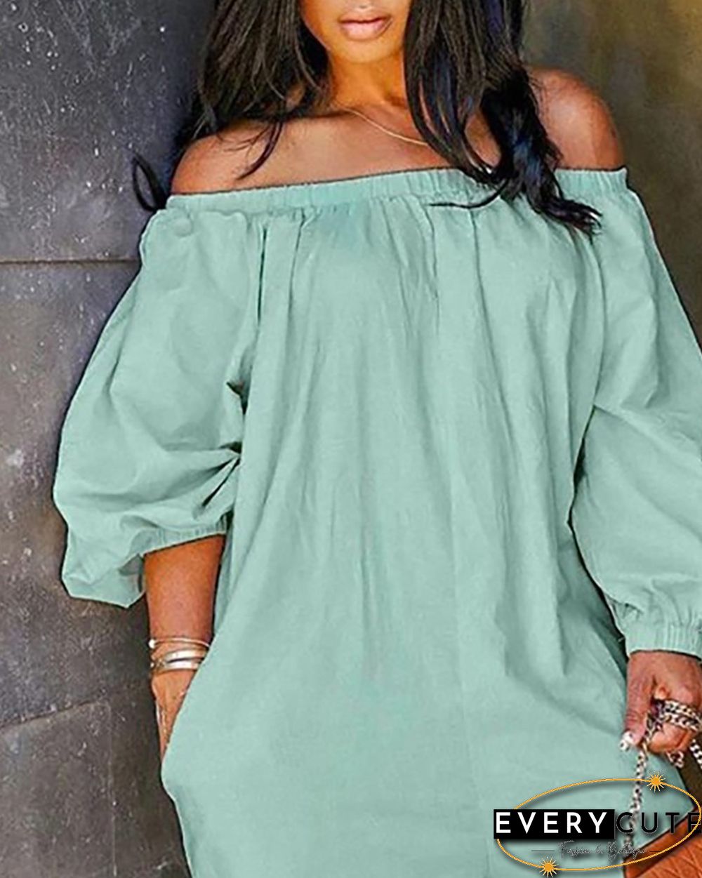 Off Shoulder Solid Lantern Sleeve Jumpsuit