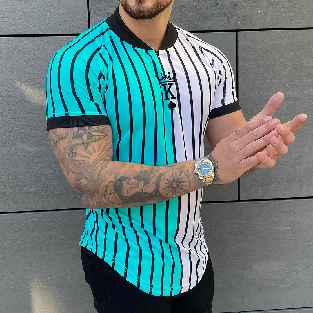Men's Fashion Spade King Stripe Print Casual Slim Color Matching Short Sleeve T-Shirt