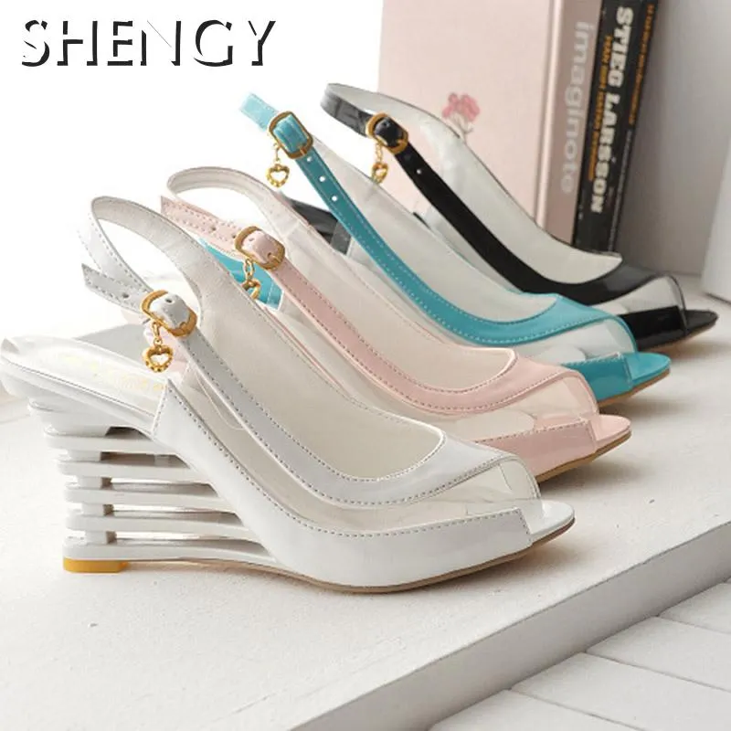 2021 Fashion Buckle Peep Toe Women Sandals Wedges Comfort Lightweight High Heels  Wear-resistant Women Office Wedding Sandals
