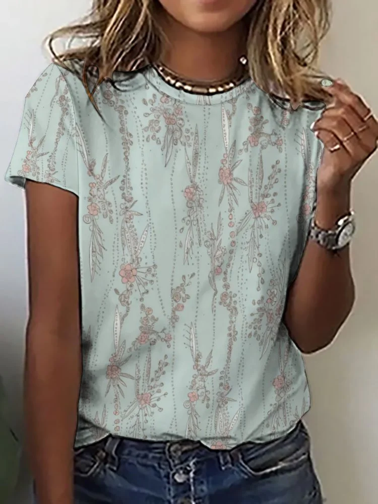 Printed Short Sleeve Casual T-shirt for  Women and Men Unisex Pattern Green, Red, Floral