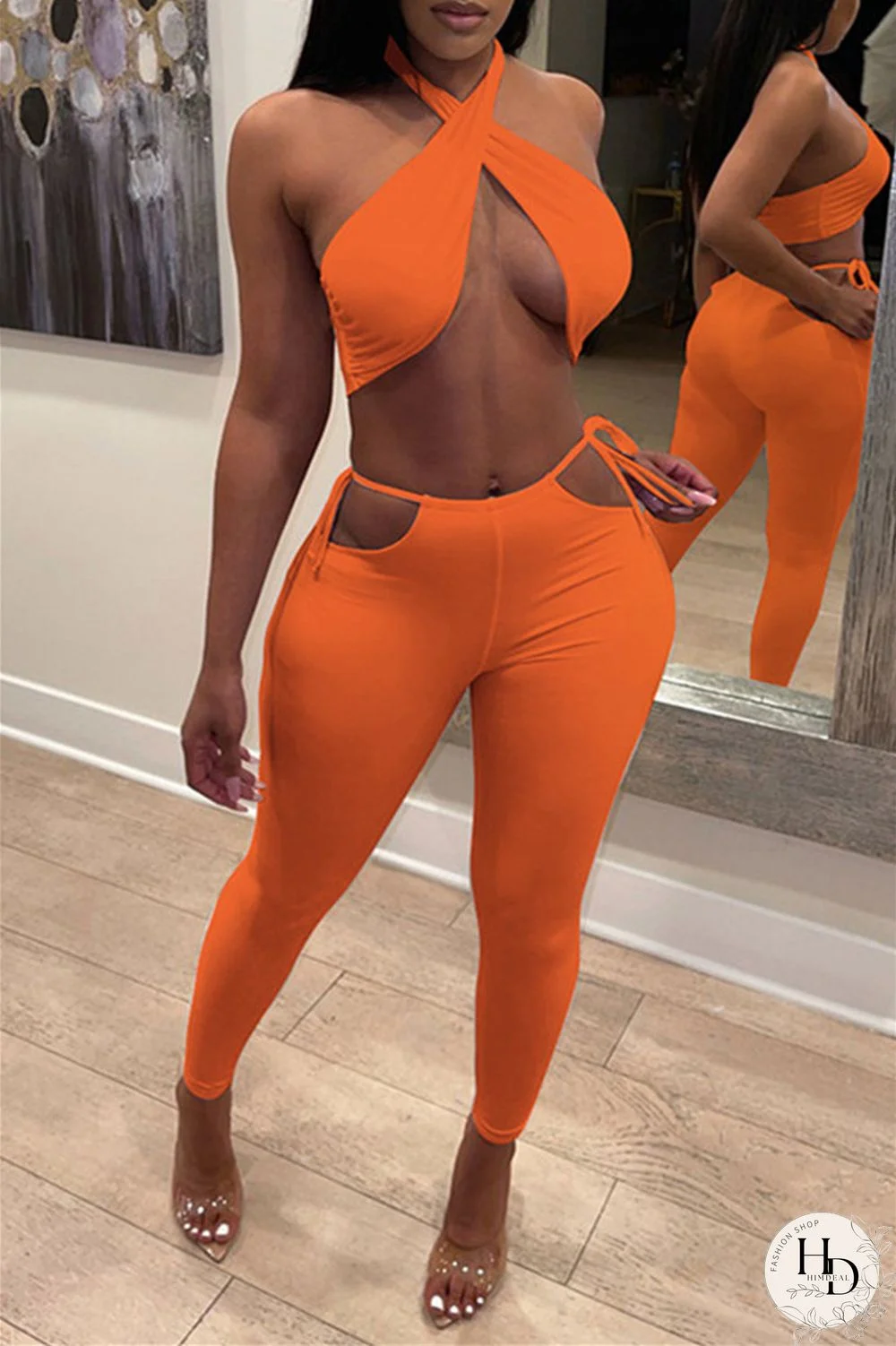 Orange Fashion Sexy Solid Backless Halter Sleeveless Two Pieces