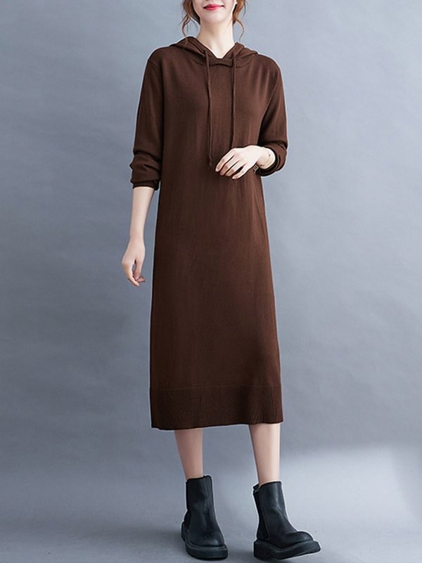 Casual Loose Solid Color Hooded Long Sleeves Sweater Dress