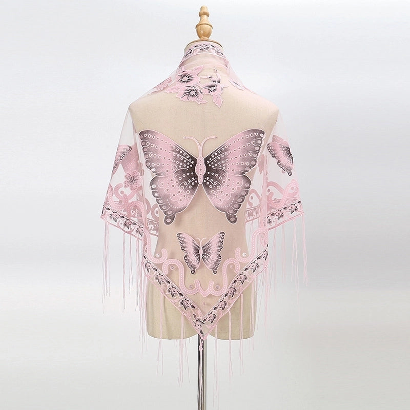 New Tassel Triangle Scarf Solid Color Hollow Lace Butterfly Embroidered Triangle Shawl Scarf For Women