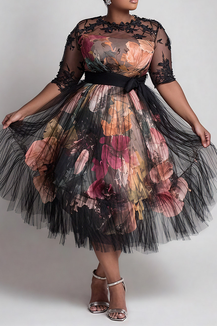 Xpluswear Design Plus Size Wedding Guest Satin Black All Over Print Round Neck Short Sleeve See Through Elegant Tulle Midi Dresses [Pre-Order]