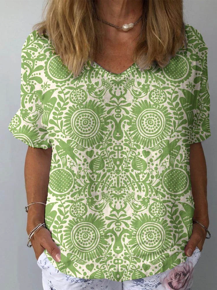 Womens Small Floral Pattern Print Cotton And Linen Top
