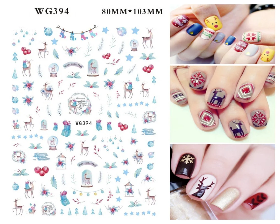 Merry Christmas 3D Nails Sticker Winter Cute Cartoon Sliders Snowflake Elk Xmas Tree Decal UV Gel Polisn Manicures Foils Decor-Nail Inspo