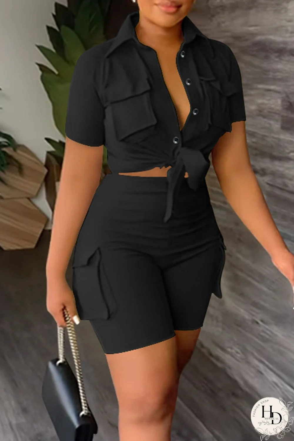 Khaki Casual Solid Bandage Patchwork Pocket Buckle Turndown Collar Short Sleeve Two Pieces