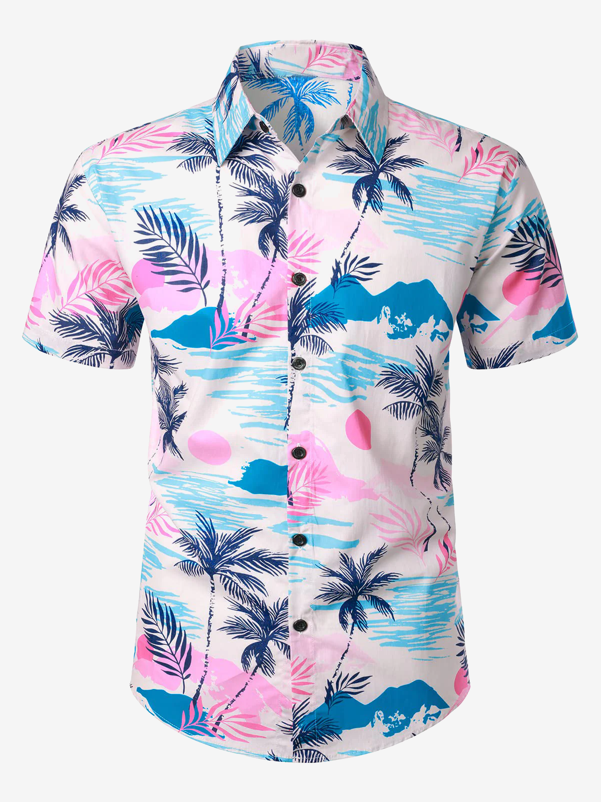 Men's Casual Tropical Island Vacation Hawaiian Pink Button Short Sleeve Shirt