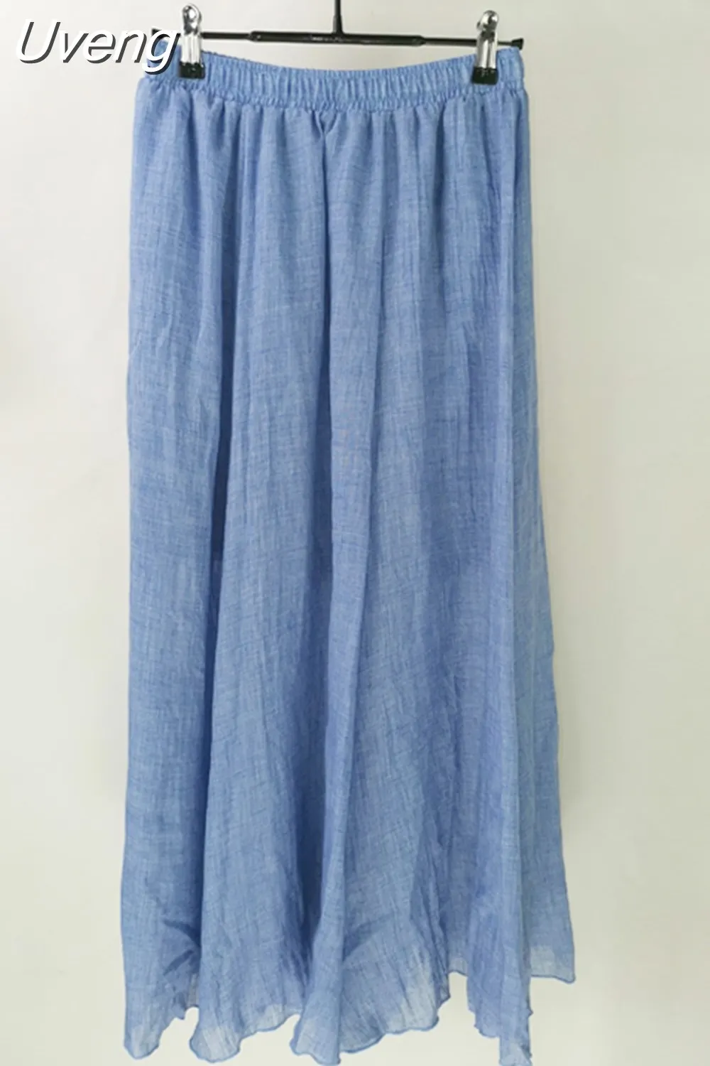 Uveng Women's Elegant 16 Color High Waist Elastic Waist Linen Pleated Long Skirts Ladies Slim Casual Skirt Saias New 2023 Summer SK05