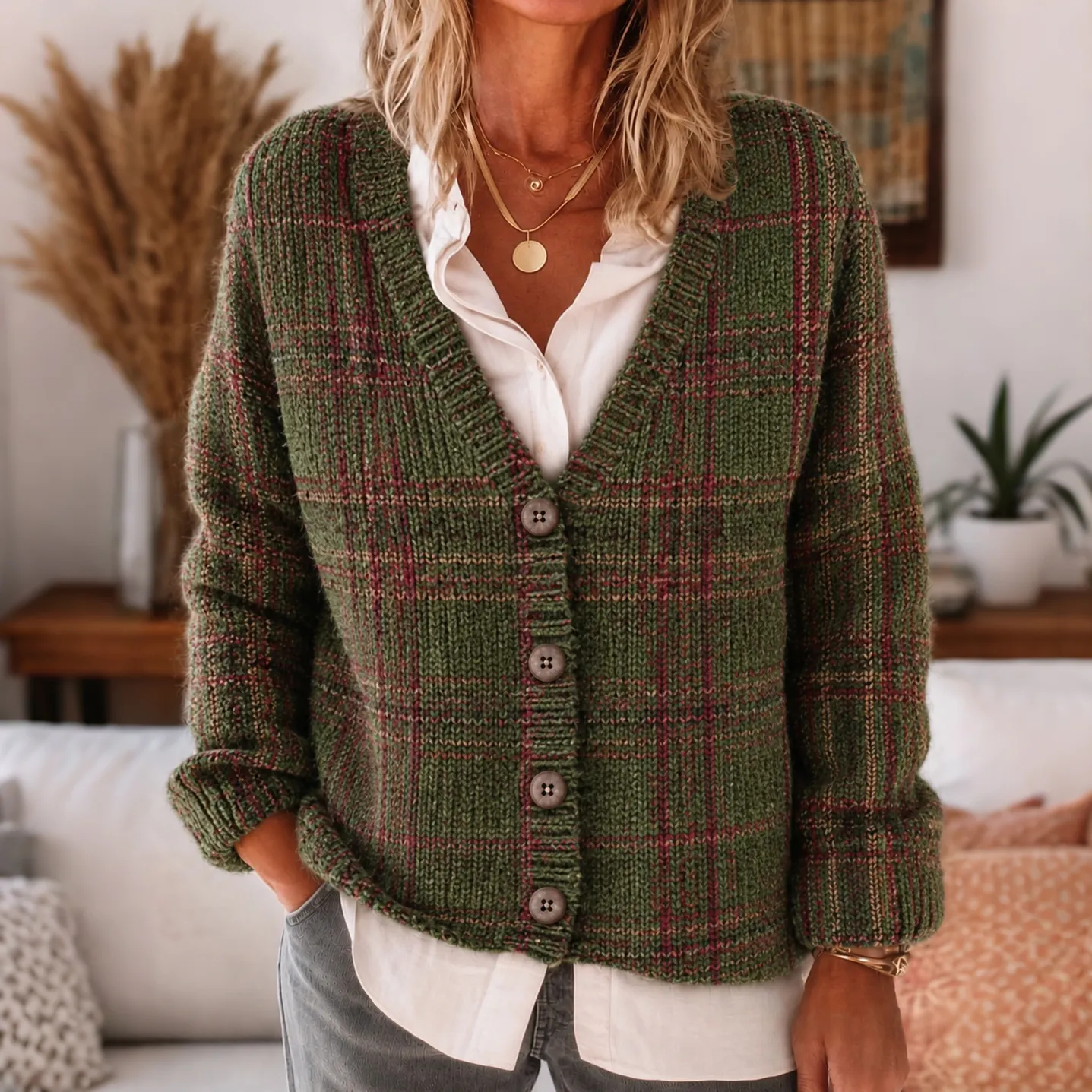 Comstylish Women's Retro Plaid Pattern Art Casual Knit Cardigan