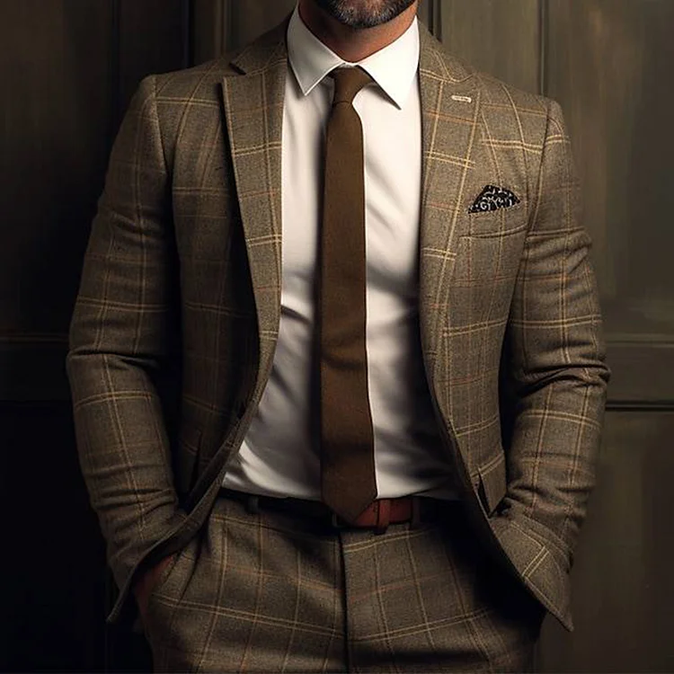 Men's Business Casual Plaid Lapel Collar Two Button Chest Pocket Blazer