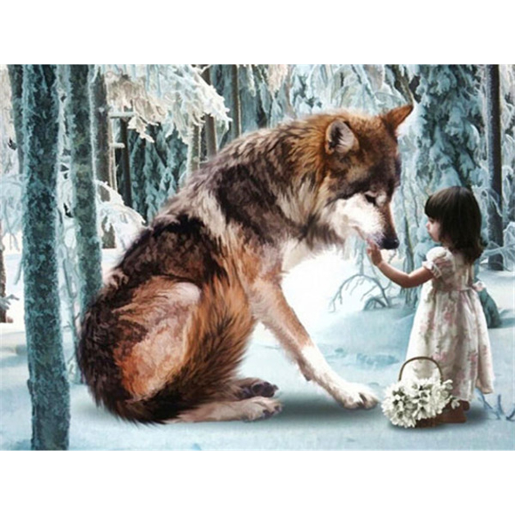 

40*30CM-Girl and Wolf-Round Drill Diamond Painting, 501 Original