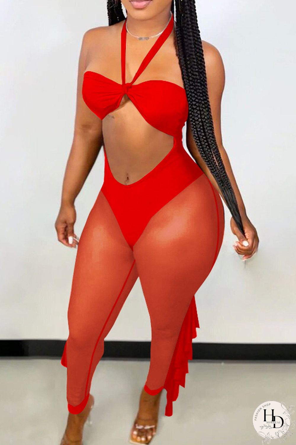 Red Sexy Solid Flounce Mesh Halter Skinny Jumpsuits