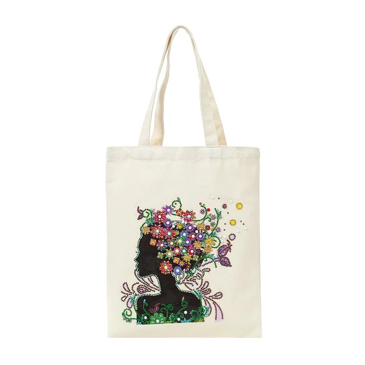 DIY Rhinestone Diamond Painting Flower Woman Tote Bag